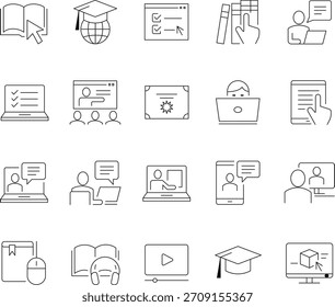 This design file contains a set of line icons representing various aspects of online education, e-learning, and digital learning concepts.