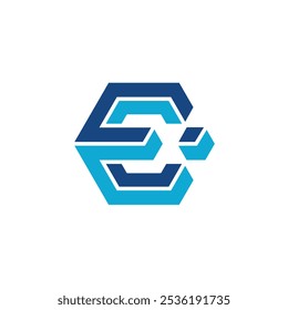 this design is a geometric logo in hexagon shape of letter E in blue color that looks bold and clean on a white background