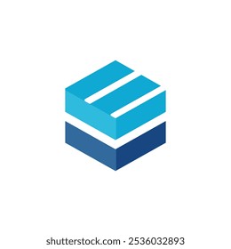 este diseño es un logotipo geométrico en forma hexagonal de la letra E en colores azules que se ve audaz y limpio sobre un fondo blanco

