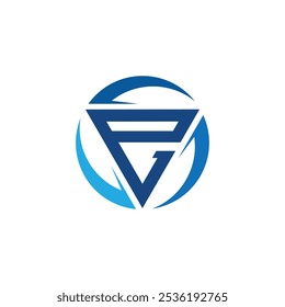 este desenho é um logotipo geométrico em forma de triângulo de letra E na cor azul que circunda por três linhas em curva