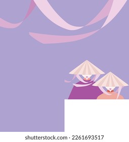 This design get inspired by the traditional Vietnamese women's conical hat and traditional long dress. Good for postcard.