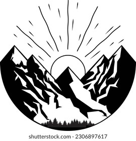 This design includes snowy mountains, sunshine, nature, trees.