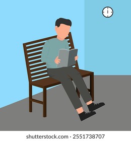 This design is a man sitting and reading a book indoors