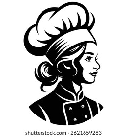 This design presents a sophisticated silhouette of a female chef, characterized by clean lines and elegant detail. The figure is shown in profile