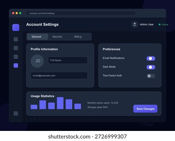 Este diseño presenta una interfaz de Configuraciones de Cuenta de usuario que muestra opciones para Configuraciones generales, preferencias de seguridad y estadísticas de uso. Los usuarios pueden cambiar las notificaciones y el modo oscuro.