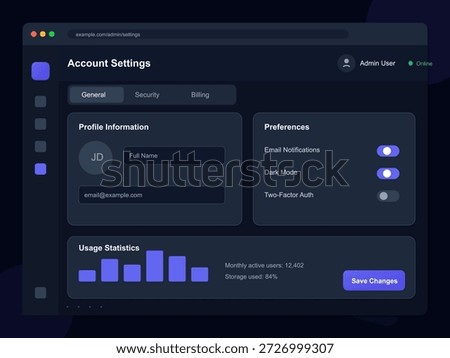 This design presents a user account settings interface showing options for general settings, security preferences, and usage statistics. Users can toggle notifications and dark mode.