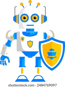 This design reflects a combination of advanced technology and reliable security. The robot has orange antennas and ear components, indicating communication and cyber threat detection capabilities.