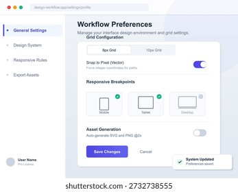 This design screen shows user settings for managing grid configurations in a vector illustration program, focusing on responsive breakpoints and asset generation.