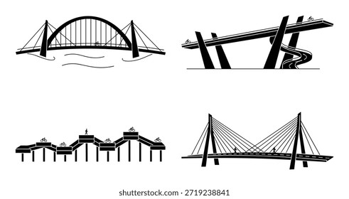 Este es un conjunto de diseño de cuatro siluetas de puente de bicicleta en blanco y negro. Elementos de diseño de silueta de puente en formato Vector.
