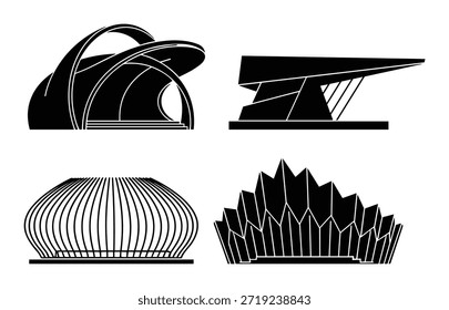 Este es un conjunto de diseño de cuatro siluetas de estructura de edificio en blanco y negro. Elementos de diseño de silueta de estructura en formato Vector.