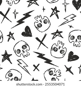 This design showcases an artistic arrangement of skulls hearts lightning bolts and stars on a white background. The contrasting colors create a striking visual style ideal for various applications.