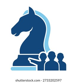 This design showcases a bold graphic featuring a knight chess piece above a line of figures. The distinct silhouette style gives a strong, impactful visual impression and represents strategic thinking.