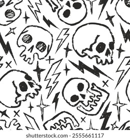 This design showcases a bold pattern with black skulls and lightning bolts scattered across a white background. The playful elements create a striking visual contrast.