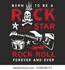 This design showcases a bold rock and roll theme featuring a guitar skull and stars. Perfect for music lovers who embrace a rebellious lifestyle and celebrate forever.