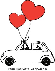 This design showcases a charming cartoon car and couple rendered with simple and playful lines. The addition of stylish red heart balloons accentuates the Valentine's Day theme, adding a touch of soph