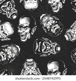 This design showcases a collection of distinct monstrous faces against a dark background ideal for Halloween-themed decorations or merchandise. The faces express a range of eerie emotions.