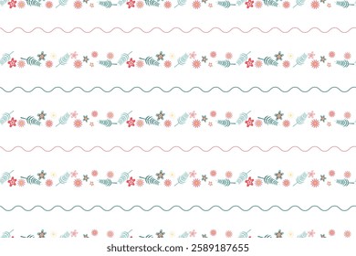 This design showcases a colorful repeating pattern of flowers and leafy elements arranged in elegant wavy lines. The vibrant blooms create a cheerful and inviting atmosphere. Seamless vector pattern
