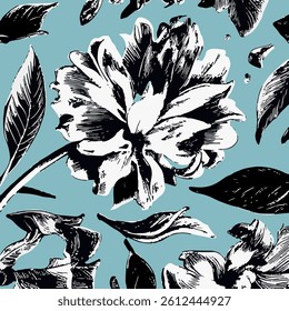This design showcases a delicate and intricate floral pattern. It features large black and white flowers with beautifully detailed petals and centers. The flowers are accompanied by leaves 