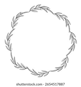 Este design apresenta uma grinalda elegantemente trabalhada de ramos de azeitona, com folhas detalhadas e frutos de oliveira. Ideal para convites, decoração e outros projetos artísticos.