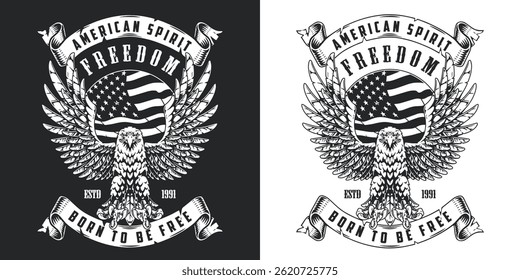 This design showcases an emblem symbolizing freedom with an eagle and American flag. The artwork highlights patriotism and national pride established in 1991.