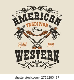 This design showcases the essence of American Western heritage with crossed tomahawks and decorative elements highlighting tradition and Texas roots. Perfect for enthusiasts and celebrations.