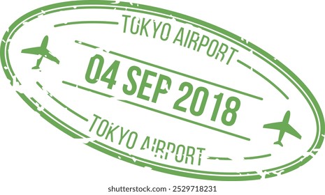 Este diseño muestra un sello de fecha verde del aeropuerto de Tokio marcado el 4 de septiembre de 2018 que ilustra las siluetas del avión y los detalles de la ubicación.