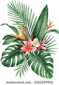 This design showcases hand-painted tropical leaves and bird-of-paradise flowers in a vibrant watercolor style. The free-flowing brush strokes create a harmonious blend of light and shadow