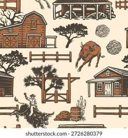 Dieses Design zeigt einen lebhaften Cowboy, der auf einem Stier zwischen rustikalen Ranch-Gebäuden, Bäumen und Kakteen reitet, die ein klassisches westliches Thema in einem lebendigen Farbschema widerspiegeln.