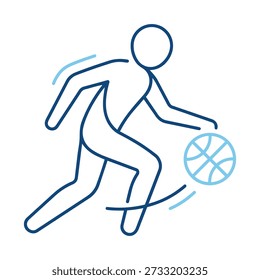 This design showcases a minimalist line art illustration of a basketball player in motion. The distinctive feature is the use of a clean, blue outline silhouette style, emphasizing the player's action.