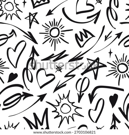 This design showcases a playful mix of marker drawings on a white background featuring stars arrows hearts and suns. The grunge texture adds a unique flair to the artwork.