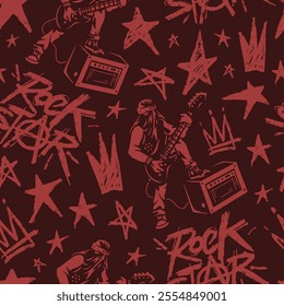 This design showcases a repeated pattern of rock musicians playing guitars amidst various star motifs. The bold colors and lively imagery evoke a vibrant music culture atmosphere.