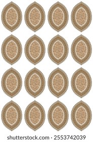 This design showcases a repeating pattern with oval-shaped motifs. Each motif contains intricate concentric circular designs with a mix of light and dark brown colors. The motifs are arranged in a gri