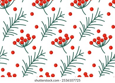 This design showcases a repetitive pattern of vibrant red berries intertwined with green leaves against a clean white background, perfect for seasonal decor or textile design.