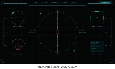 This design showcases a tactical heads-up display used in weapon systems. It includes target information, status indicators, and functional controls commonly found in military settings.