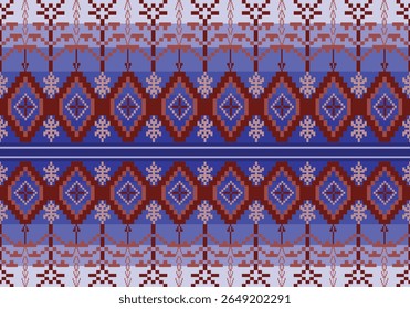 This design showcases a traditional geometric textile pattern with diamond shapes, arrows, and floral motifs in red, blue, and violet tones. The style is symmetrical and pixelated in appearance.