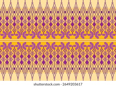 This design showcases a traditional geometric textile pattern with rectangle shapes,cross, and floral motifs in pink . tones. The style is symmetrical and pixelated in appearance.