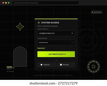 Este diseño muestra una interfaz de Inicio de sesión de usuario para un portal de acceso seguro al sistema. Cuenta con campos de entrada para la identidad del usuario y la frase de contraseña con un enfoque en la seguridad.
