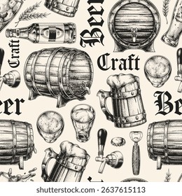 This design showcases various beer-related elements including barrels mugs glasses and tools highlighting the craft of brewing. It's a creative representation of beer culture.