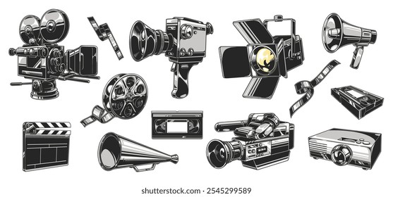 Este diseño muestra varios equipos de película vintage, incluidos carretes de cámaras y micrófonos. Las ilustraciones destacan el arte detrás de las herramientas y técnicas clásicas de la cinematografía.