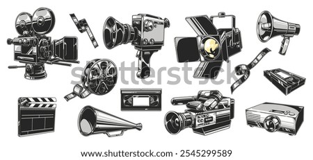 This design showcases various vintage film equipment including cameras reels and microphones. The illustrations highlight the artistry behind classic filmmaking tools and techniques.