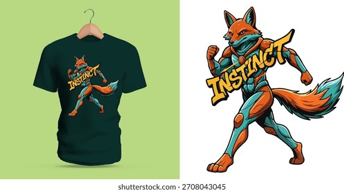 Este diseño muestra un zorro atlético a media zancada con graffiti "Instinto". Ángulos nítidos, reflejos vívidos, bordes goteantes y líneas de movimiento dinámicas crean una ilustración de arte callejero energética.