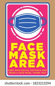 This design is a sign to indicate the area that must be worn by a mask. Social distancing and wear a face mask. This is to warn everyone to protect themselves and others from the Covid-19 outbreak.