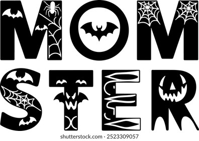 Este design soletra "MOMSTER" usando letras ousadas com tema de Halloween decoradas com morcegos, aranhas, teias e um rosto de jack-o'-lanterna.