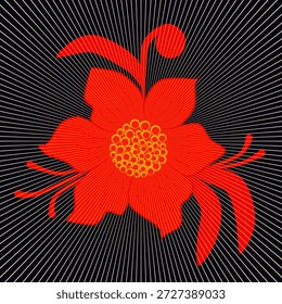 This Design Is A Striking Combination of Traditional Folk Motifs And Modern Graphic Precision. It Feels Both Ancient And Futuristic, Utilising A High-contrast Palette And Mathematical Line Work To Create A Sense of Vibrating Energy. The Composition Is Centered Around A Singular Stylized Red Flower , Reminiscent of Traditional Slavic Folk Art Such As Khokhloma or Mid-century Botanical Illustrations. However, It Is Purely Digital And Contemporary. The Floral Motif Shows Broad Irregular Petals Giving It An Organic, Hand-drawn feel  That Contrast With The Rigid Background. The Use of Vibrant Saturated Red Makes The Blossom Pop Aggressively Against The Dark Background. The Center of The Blossom Is Composed of Small, Orange-yellow Circles Resembling Stamen or Seeds Giving Honeycomb-like Appearance. To The Left And Right, The Bloom Sprouts Elegant Flowing Tendrils And Leaves. These Elements Break The Symmetry of The Central Bloom And Add Sense of Movement And Growth To The Static Image. The Background Shows Linear Sunburst Pattern With Thousands of Thin Gold-toned Radial Lines Emanating From The Center of The Flower, Stretching To The Edges of The Square Canvas. As The Lines Are Fine And Numerous They Create Moirè-like Effect Tricking The Eye Into Seeing A Shimmering Aura Around The Flower. The Use of Black Background Maximise The Luminosity of The Red And Gold, Making The entire Piece Feel Like A Light Box or A Neon Sign.