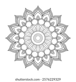 This design is a symmetrical, circular mandala with petal-like shapes radiating from the center. The outermost petals feature a teardrop and dot pattern inside, adding layers of detail. Each section 