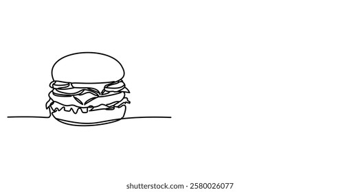 This design, where a hamburger is depicted with a simple drawing, presents a minimal image created with a single continuous line on a white background. A natural, hand-drawn and isolated drawing.