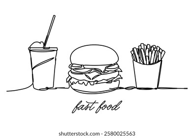 This design, where a hamburger is drawn with a single continuous line, offers an example of modern minimalism on a white background. Every detail is delicately emphasized.