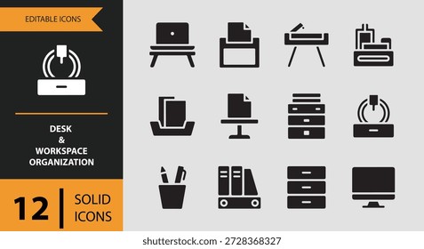 This Desk and Workspace Organization icon set includes essential icons such as desk organizer pen holder and file sorter ideal for remote work apps productivity platforms and digital tools focused on organized and efficient workspaces