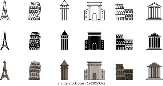 This Destination In Paris Icon Collection contains several icons and several types of icons