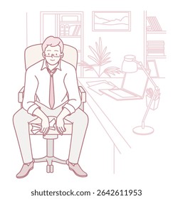 This detailed artwork displays a man seated in a modern office, encapsulating both professionalism and calmness